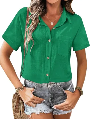 Zeagoo Womens Button Down Linen Shirt Short Sleeve Cotton Blouse Summer Casual Loose Fit Beach Tops S-2XL