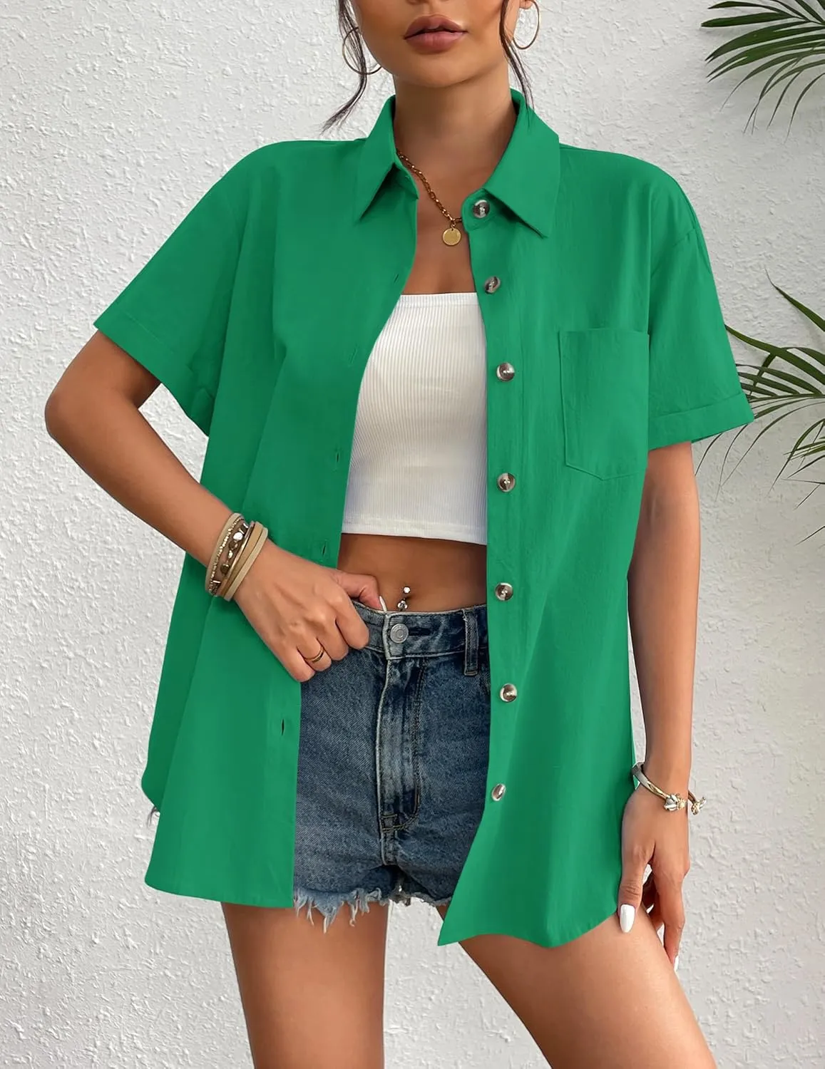 Zeagoo Womens Button Down Linen Shirt Short Sleeve Cotton Blouse Summer Casual Loose Fit Beach Tops S-2XL