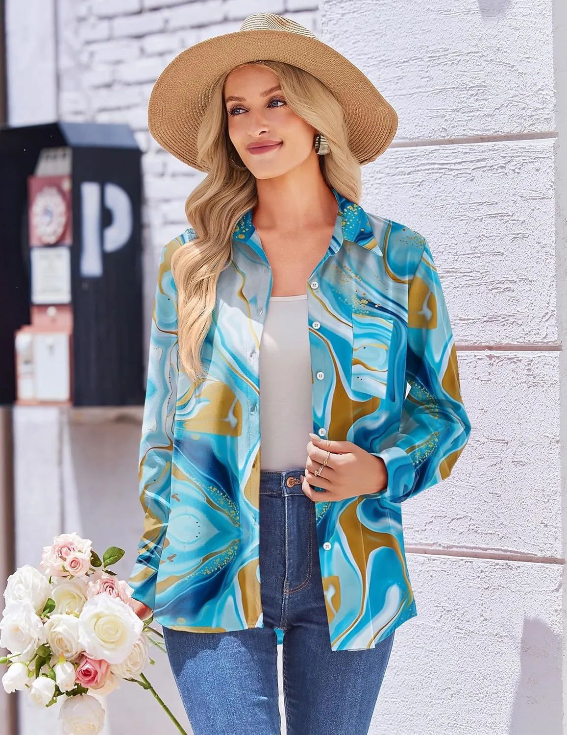 Zeagoo Womens Button Down Shirt Long Sleeve Blouse Business Work Tops Dressy Casual Floral Printed Outfits with Pocket