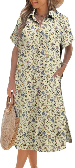 Zeagoo Womens Dress Summer Casual Short Sleeve Button Down Shirt Dresses Beach Cover Up with Pockets