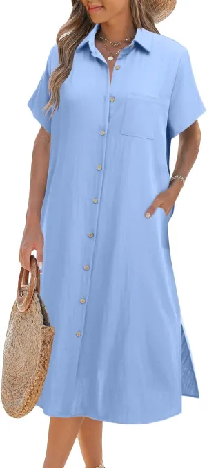 Zeagoo Womens Dress Summer Casual Short Sleeve Button Down Shirt Dresses Beach Cover Up with Pockets