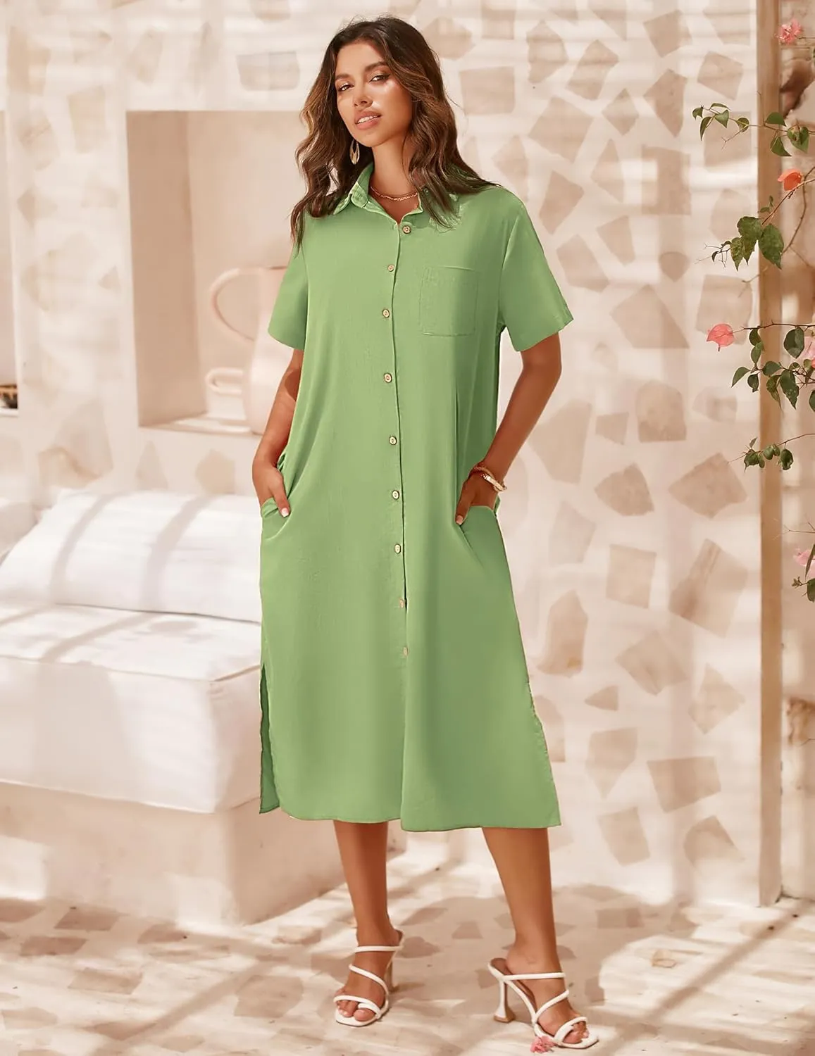 Zeagoo Womens Dress Summer Casual Short Sleeve Button Down Shirt Dresses Beach Cover Up with Pockets