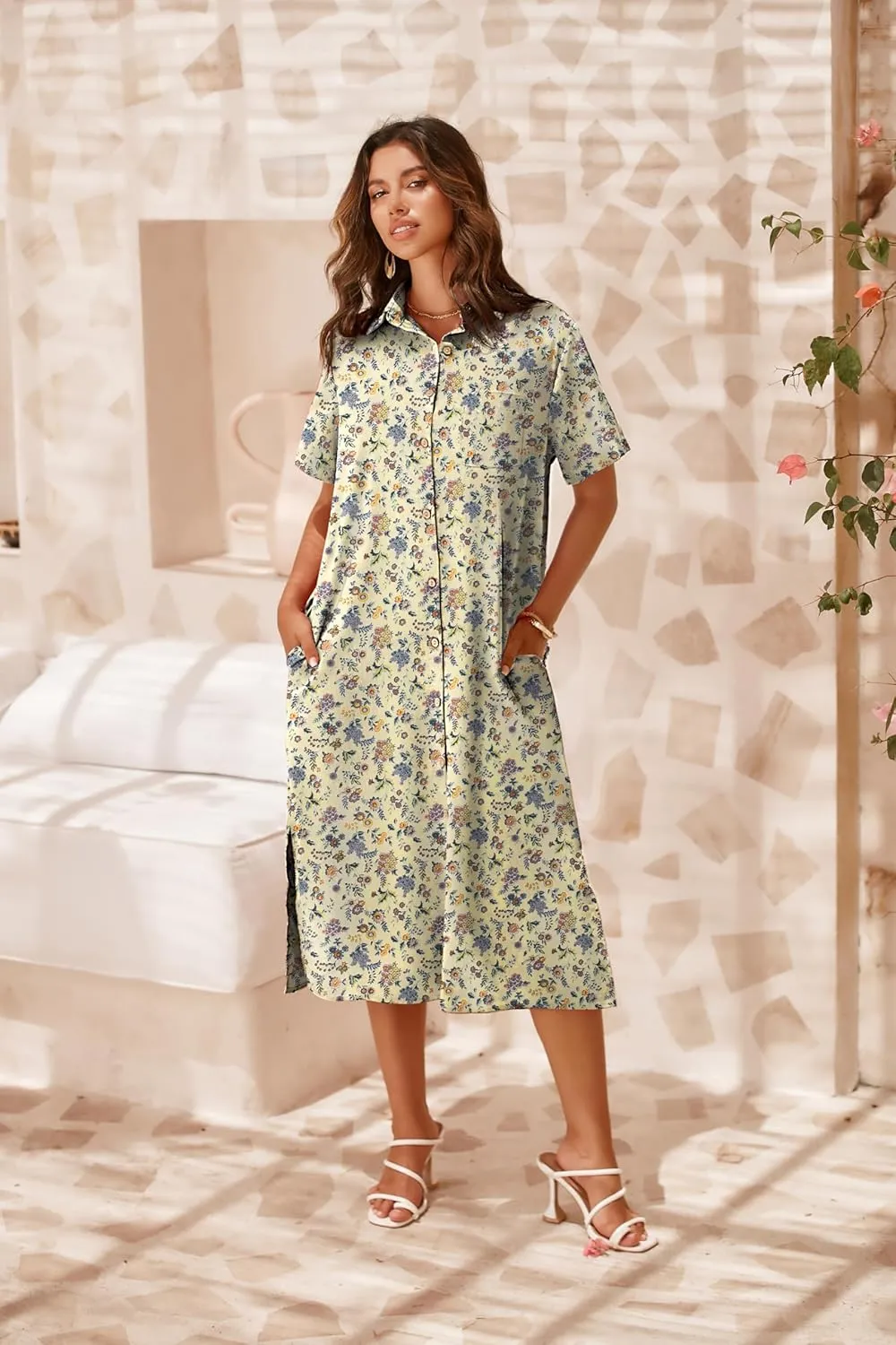 Zeagoo Womens Dress Summer Casual Short Sleeve Button Down Shirt Dresses Beach Cover Up with Pockets