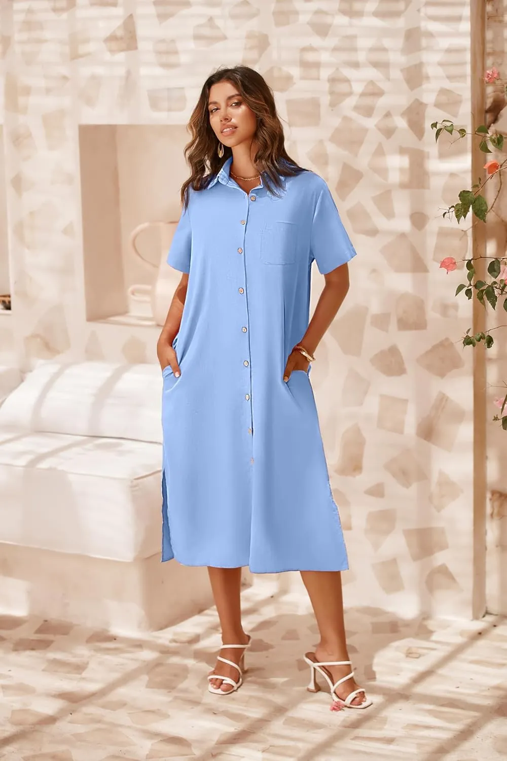 Zeagoo Womens Dress Summer Casual Short Sleeve Button Down Shirt Dresses Beach Cover Up with Pockets
