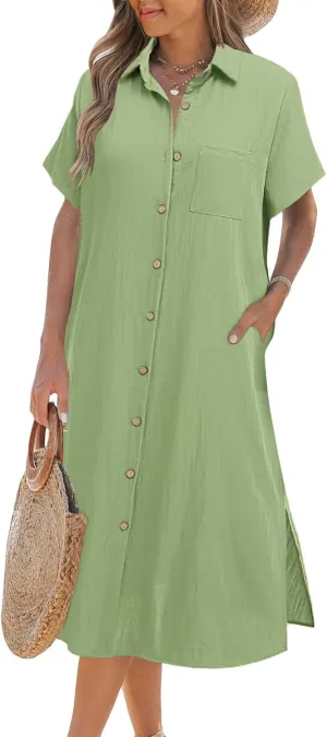 Zeagoo Womens Dress Summer Casual Short Sleeve Button Down Shirt Dresses Beach Cover Up with Pockets