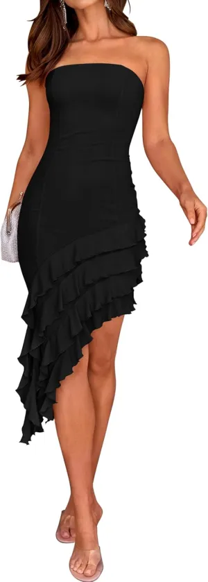 ZESICA Women's 2025 Summer Strapless Bodycon Tube Dress Sexy Off Shoulder Mesh Irregular Ruffle Backless Party Midi Dresses