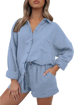 ZWRXW Linen 2 Piece Sets for Women Lightweight Spring Summer Two Piece Oversized Shirts and Shorts Matching Set Beach Outfits