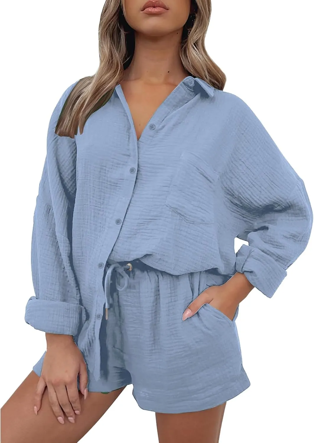 ZWRXW Linen 2 Piece Sets for Women Lightweight Spring Summer Two Piece Oversized Shirts and Shorts Matching Set Beach Outfits