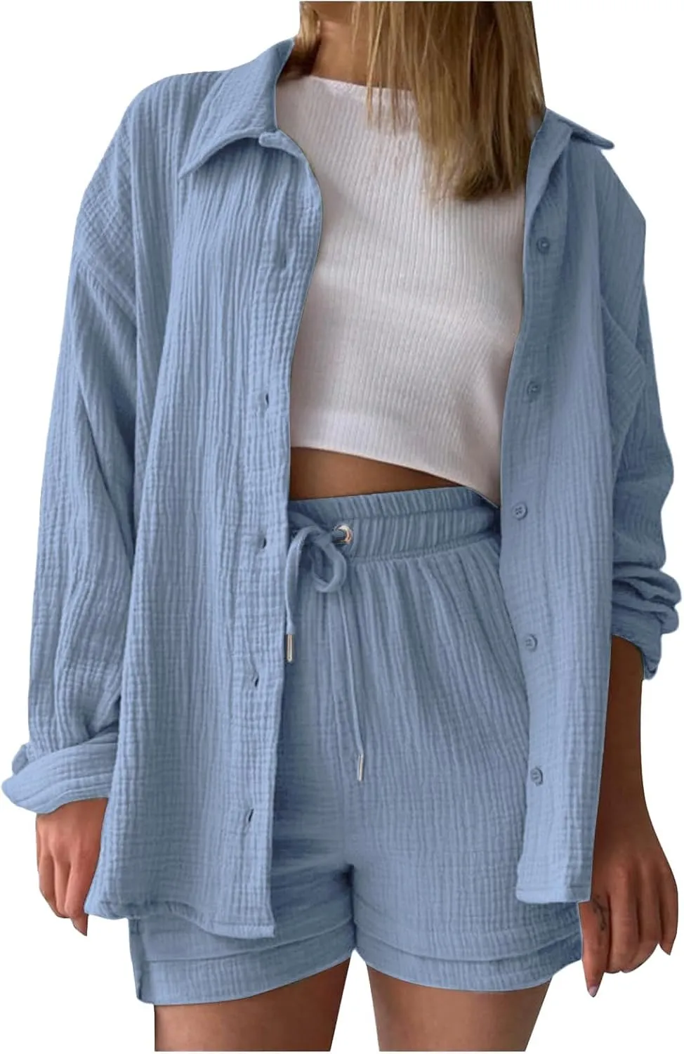 ZWRXW Linen 2 Piece Sets for Women Lightweight Spring Summer Two Piece Oversized Shirts and Shorts Matching Set Beach Outfits
