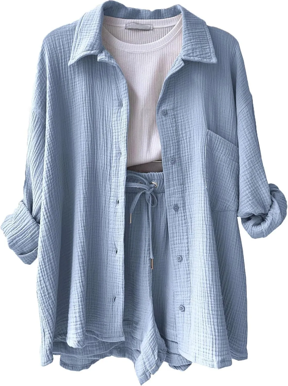 ZWRXW Linen 2 Piece Sets for Women Lightweight Spring Summer Two Piece Oversized Shirts and Shorts Matching Set Beach Outfits